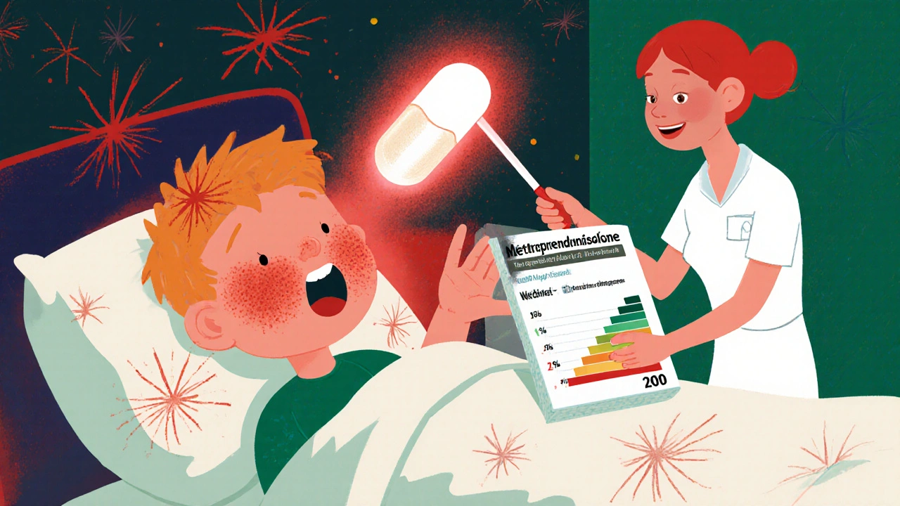 A child with severe eczema at night, comforted by a floating tablet that transforms their room from red chaos to calm green peace.