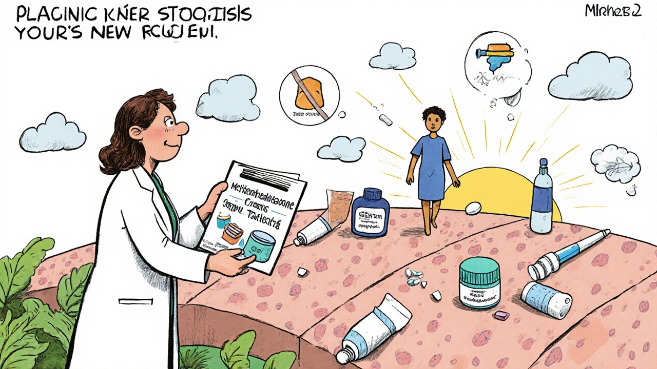 A patient crossing a bridge of skincare tools away from broken steroid tablets toward healthy skin and a bright future.