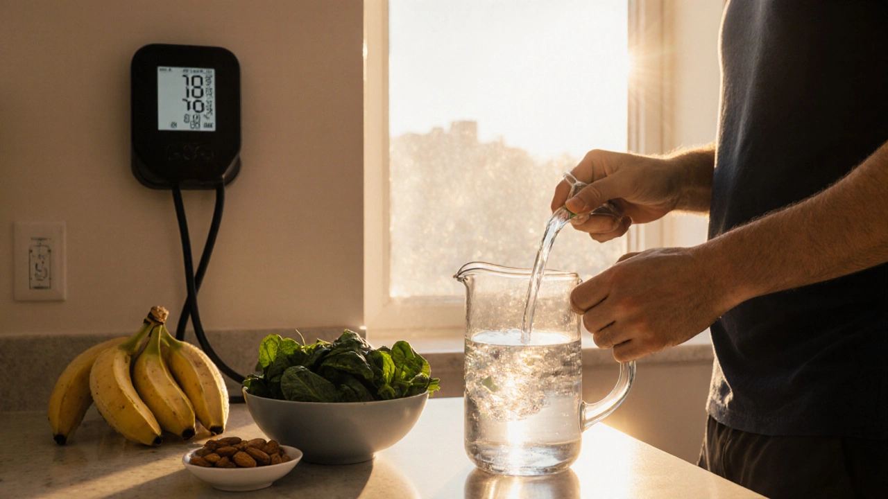 Bright kitchen scene with water pitcher, spinach, bananas, almonds, and blood‑pressure monitor.