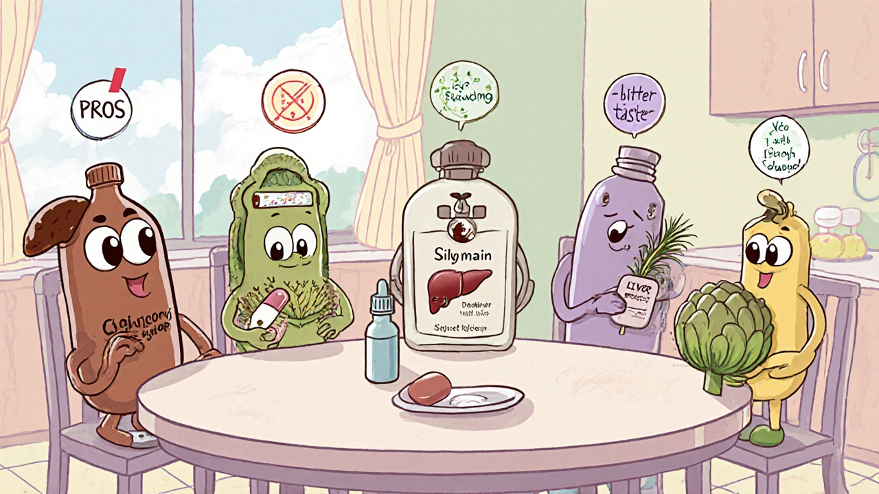 Cartoon characters representing various liver supplements sit around a table with pros and cons icons.