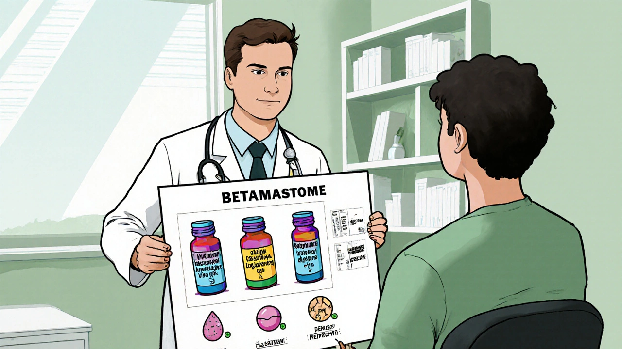 Cartoon doctor explaining steroid potency and side effects to a patient.