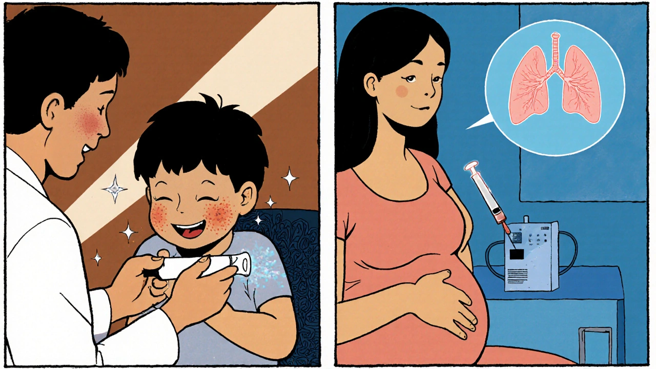 Cartoon showing betamethasone cream treating eczema and injection for fetal lung maturation.