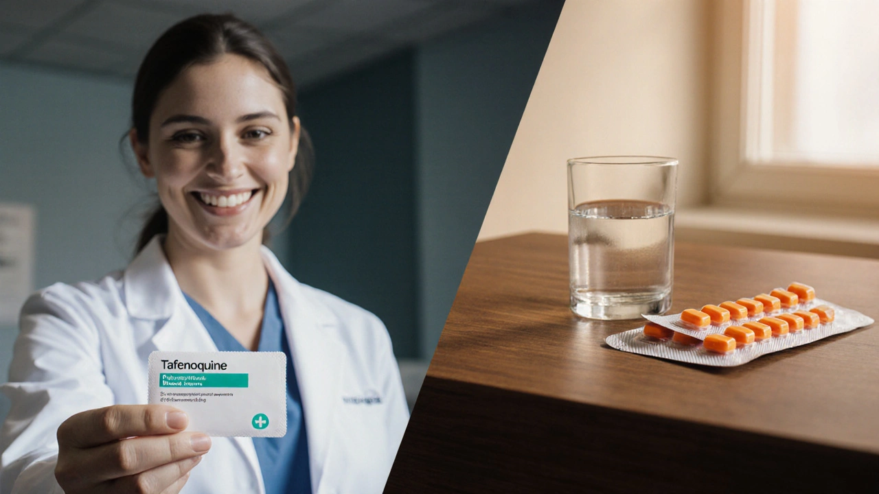 Clinic split view: nurse gives Tafenoquine, beside a Primaquine 14‑day pack on a table.