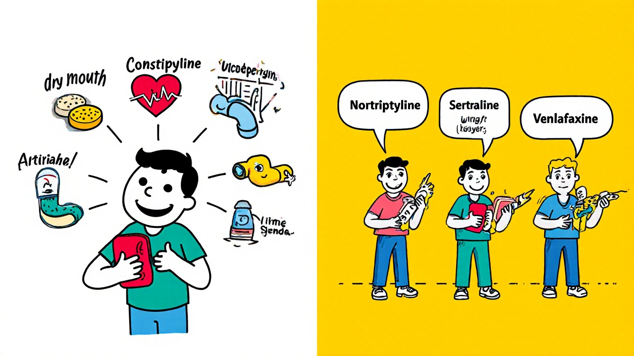 Comic split panel comparing Prothiaden side effects with alternative antidepressants.