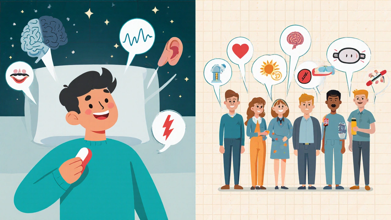 Comic split panel showing Flunarizine and five alternative migraine preventives with visual icons.