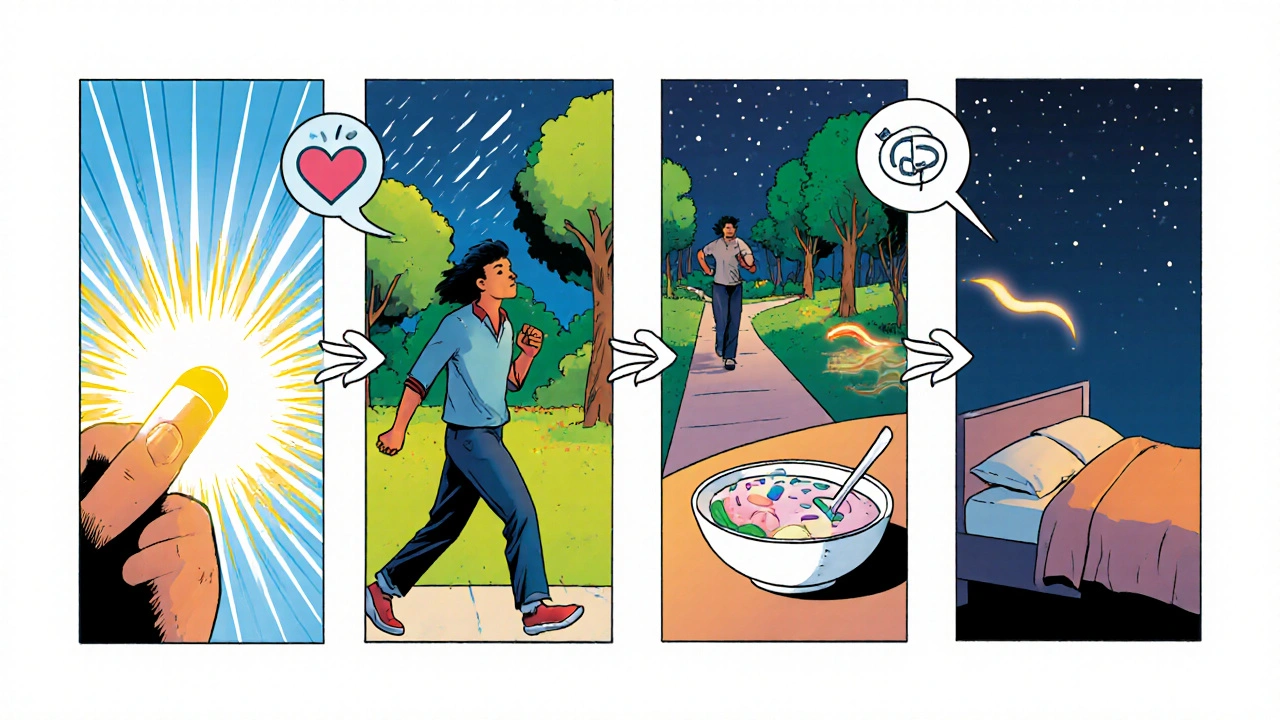 Comic‑strip montage shows a day of medication, walk, probiotics, and bedtime relaxation.