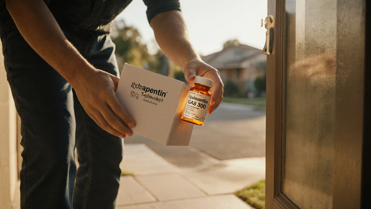 Delivery box opened on a porch, revealing a bottle of generic gabapentin tablets.