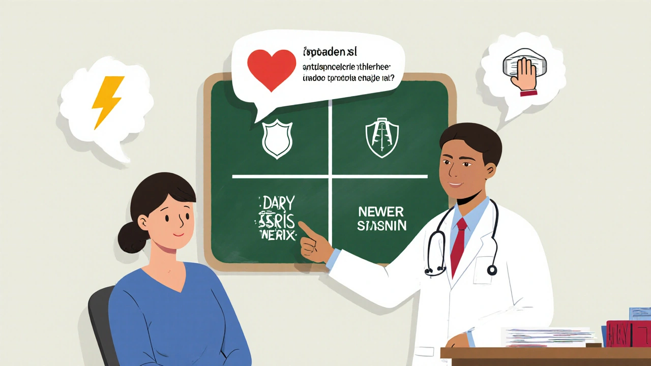 Doctor and patient with thought bubbles about efficacy, heart safety, and anticholinergic tolerance.