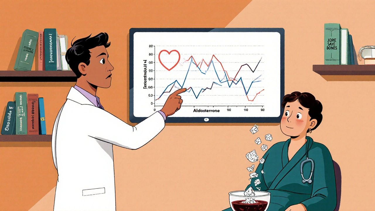 Doctor explains graph showing heart health rising while bone density falls.