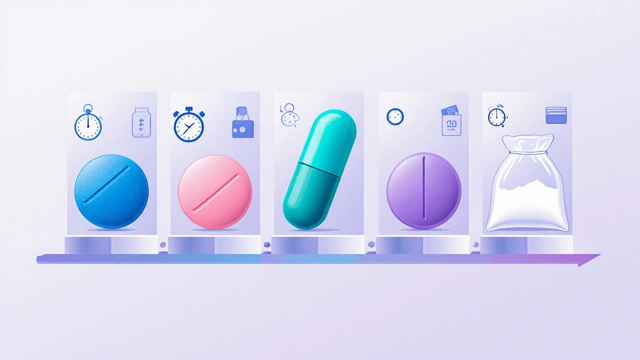 Five different ED pills each shown with visual symbols for onset, duration, cost, and prescription status.