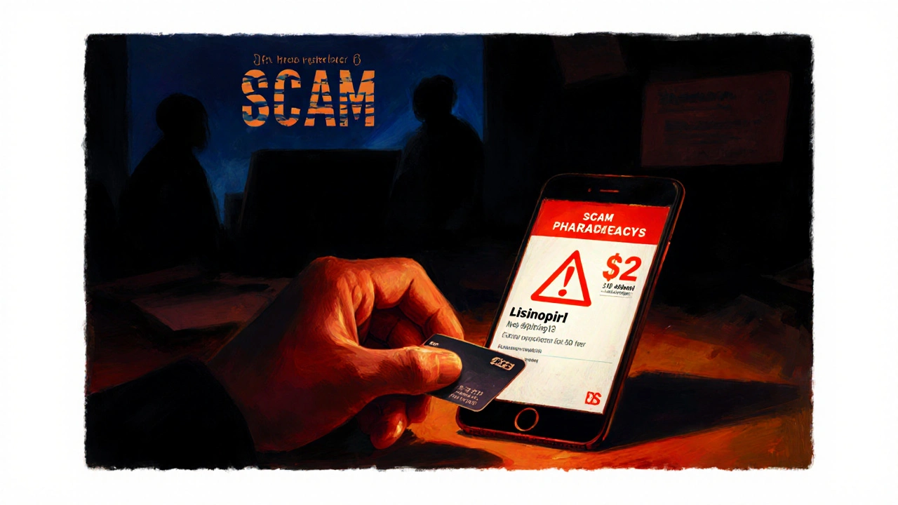 Hand holding a credit card while a phone displays a red warning and cheap price.