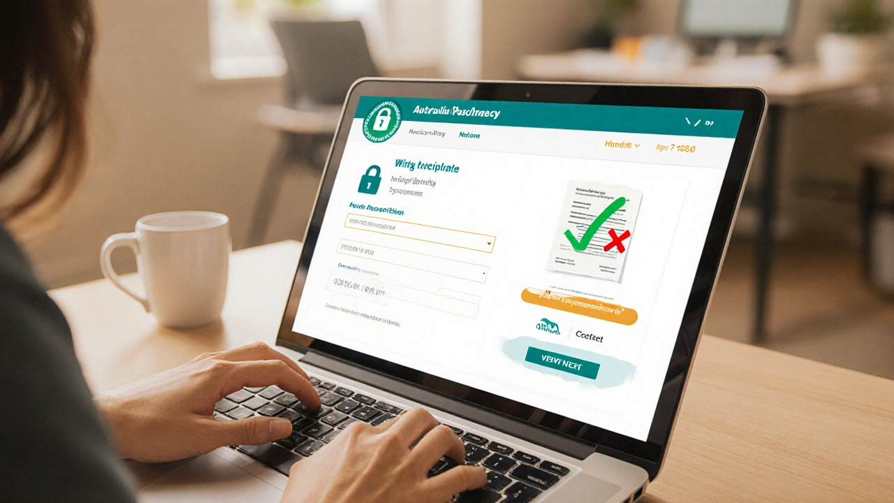 Hands using a laptop to order medication from a secure online pharmacy page.