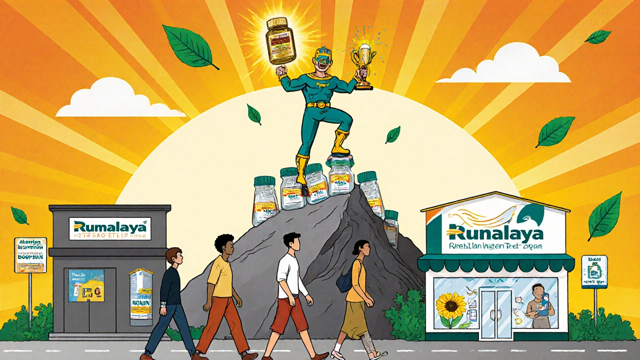 Heroic figure standing on empty Rumalaya bottles, holding superior herbal supplements under a sunrise, in bande dessinée art style.