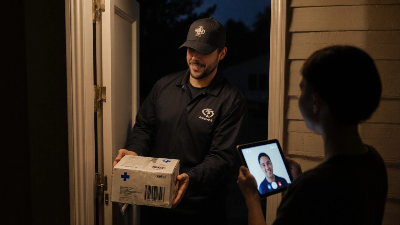 Homeowner receiving a sealed medication package after a telehealth consultation.