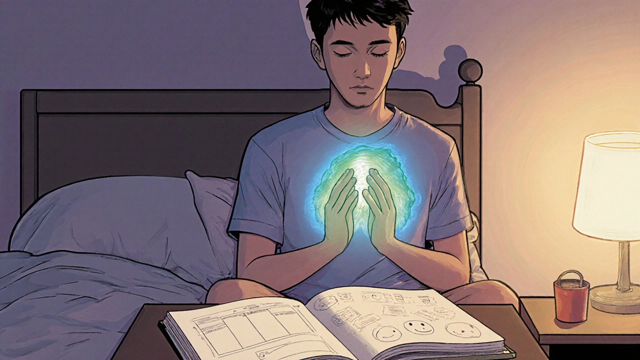 Individual practices mindful breathing at night with calming light and a mood‑log notebook.
