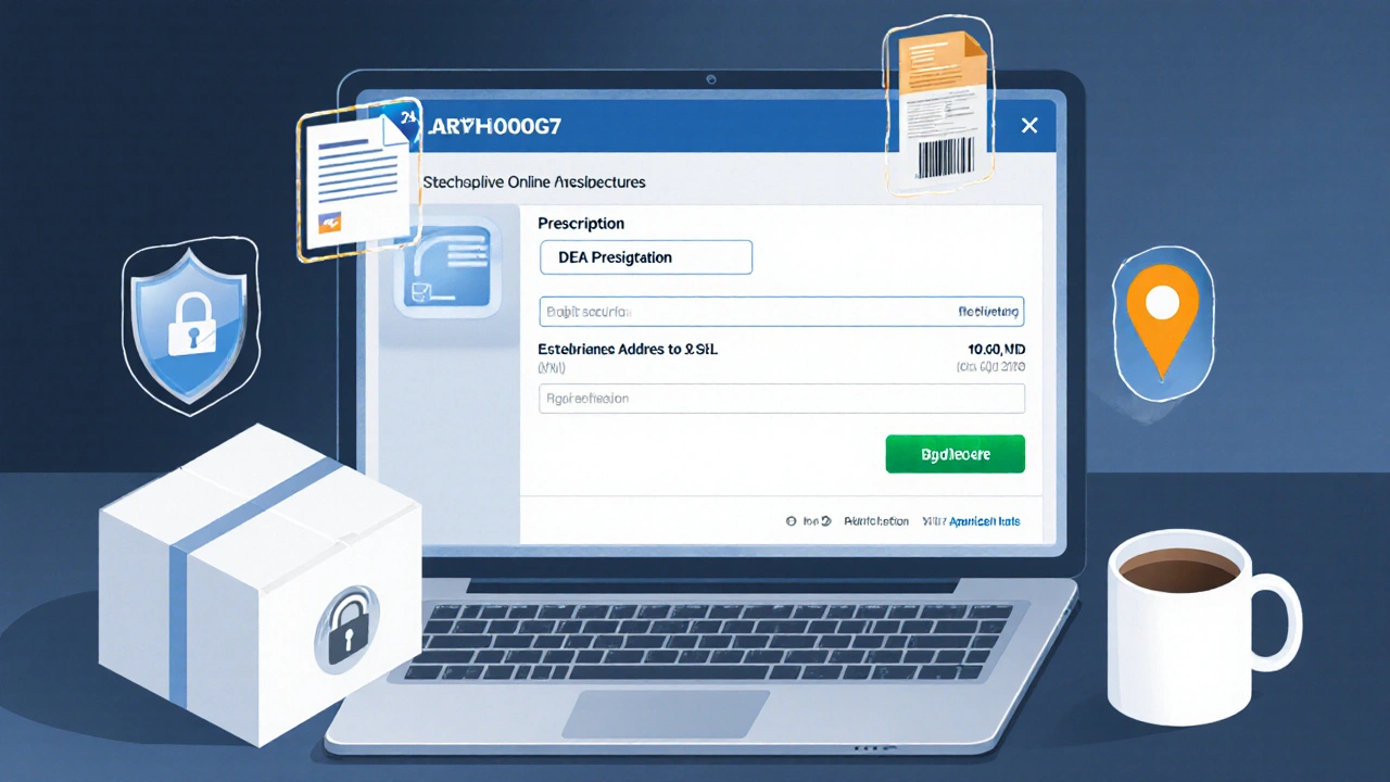 Isometric view of laptop checkout page showing DEA number, prescription upload, address, and SSL lock.