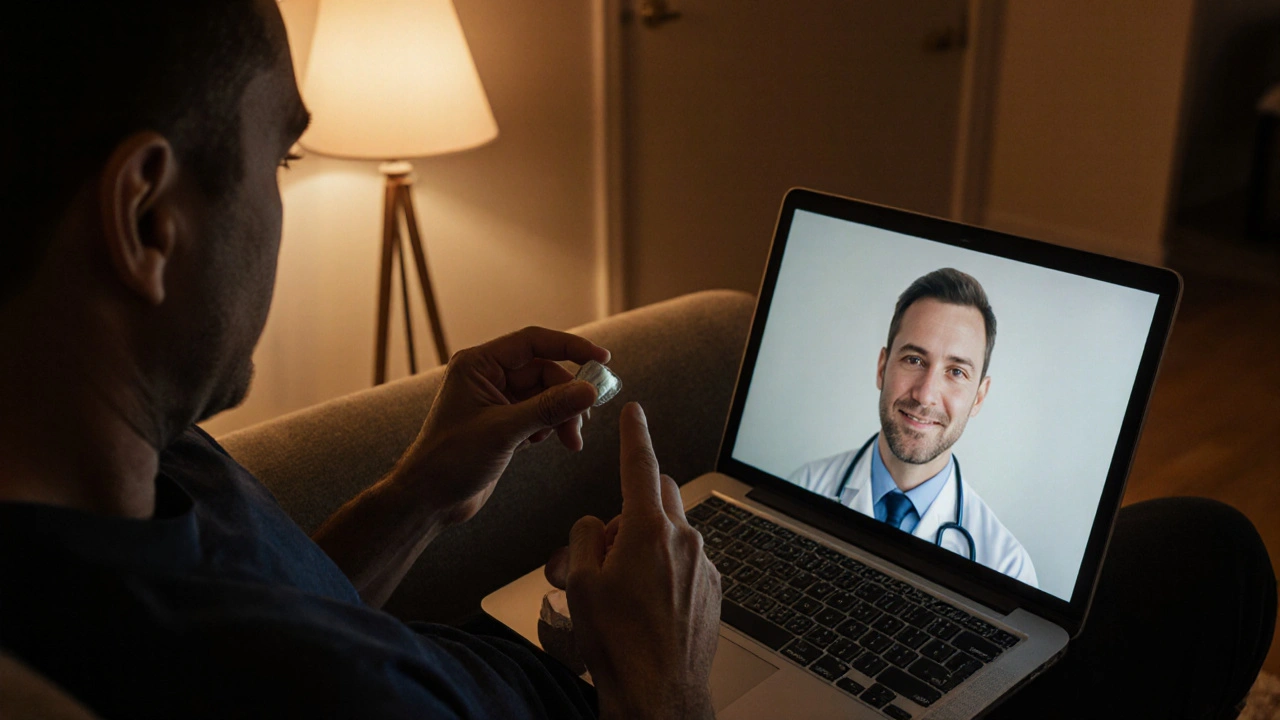 Man on sofa in telehealth video call, holding Malegra FXT tablet, warm lighting suggesting confidence.