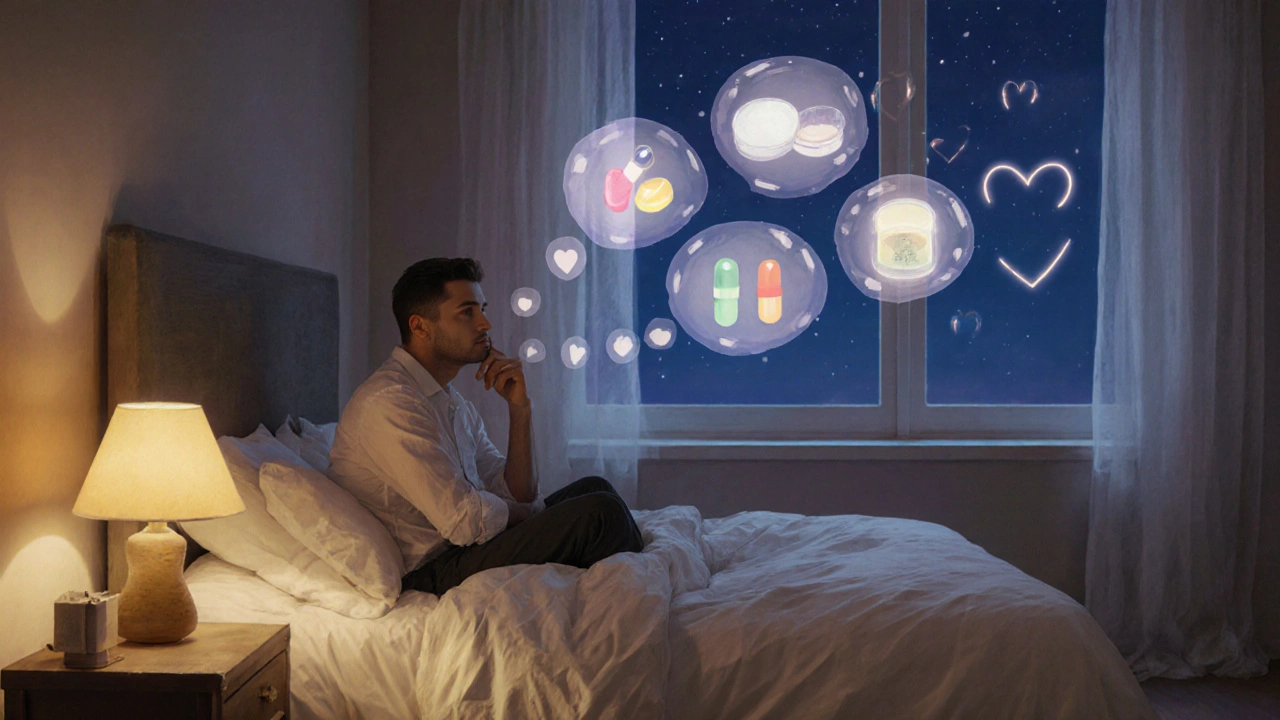 Man sitting on a bedroom edge pondering various ED treatments, with thought bubbles and warm lighting.