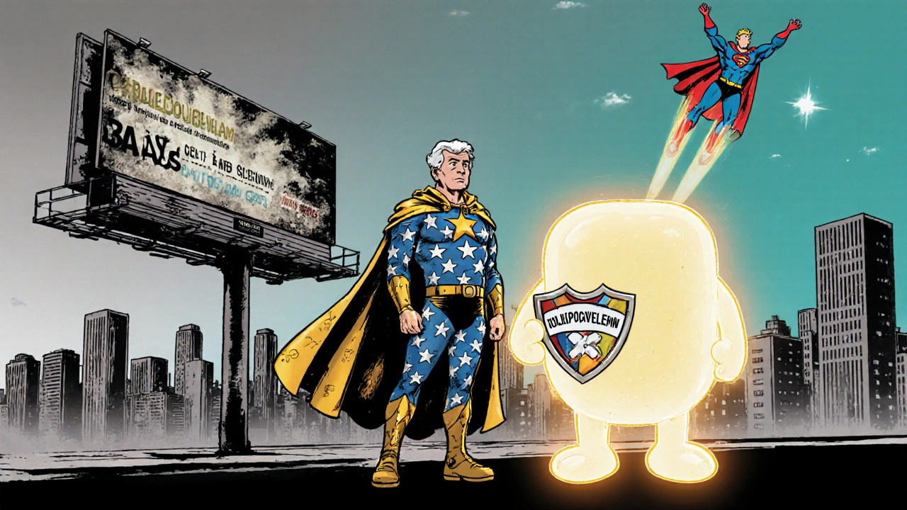 Older adult hero with resin mascot shielding against hypoglycemia, city skyline showing market shift.