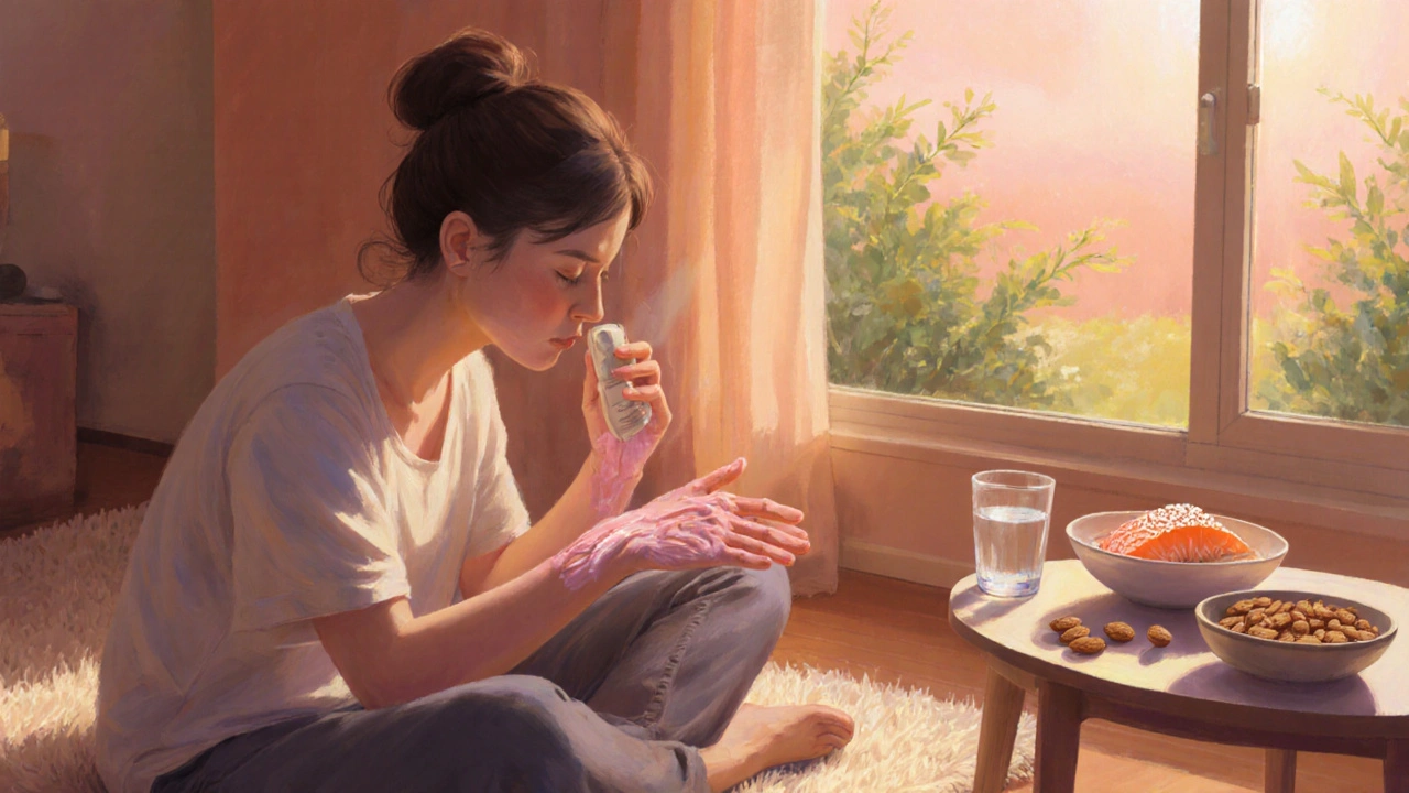 Pastel scene of a person applying moisturizer, with water, almonds, and salmon nearby.