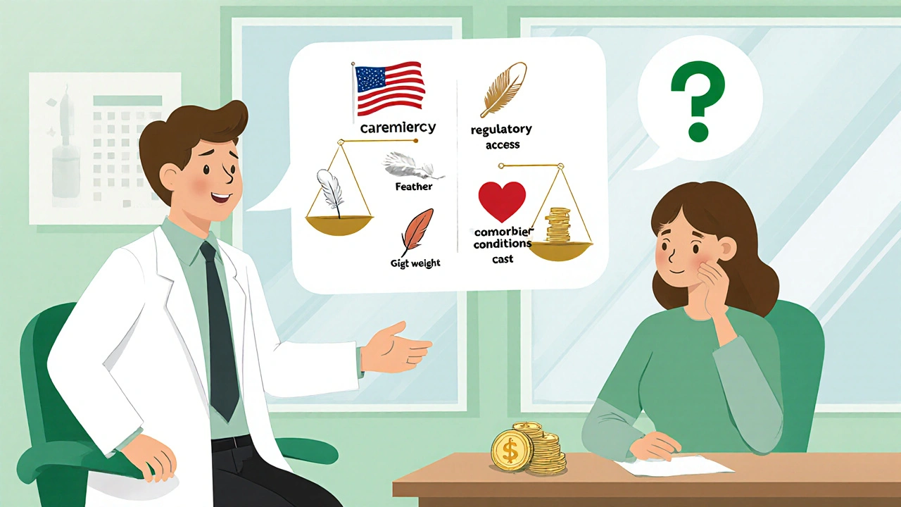 Patient and neurologist discussing migraine prevention with floating icons for access, side effects, health, and cost.