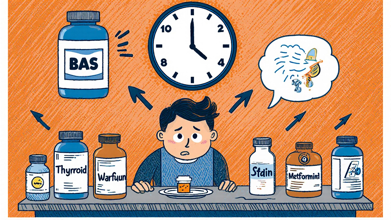 Patient with multiple pill bottles, clock showing 4‑hour separation, and upset stomach illustration.