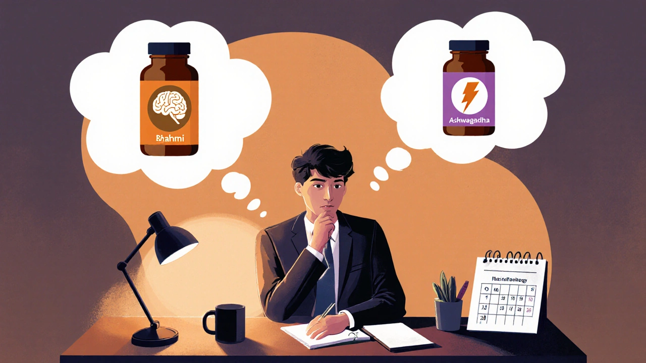 Person at a desk with thought bubbles of Brahmi, Ashwagandha, and Ginseng bottles.