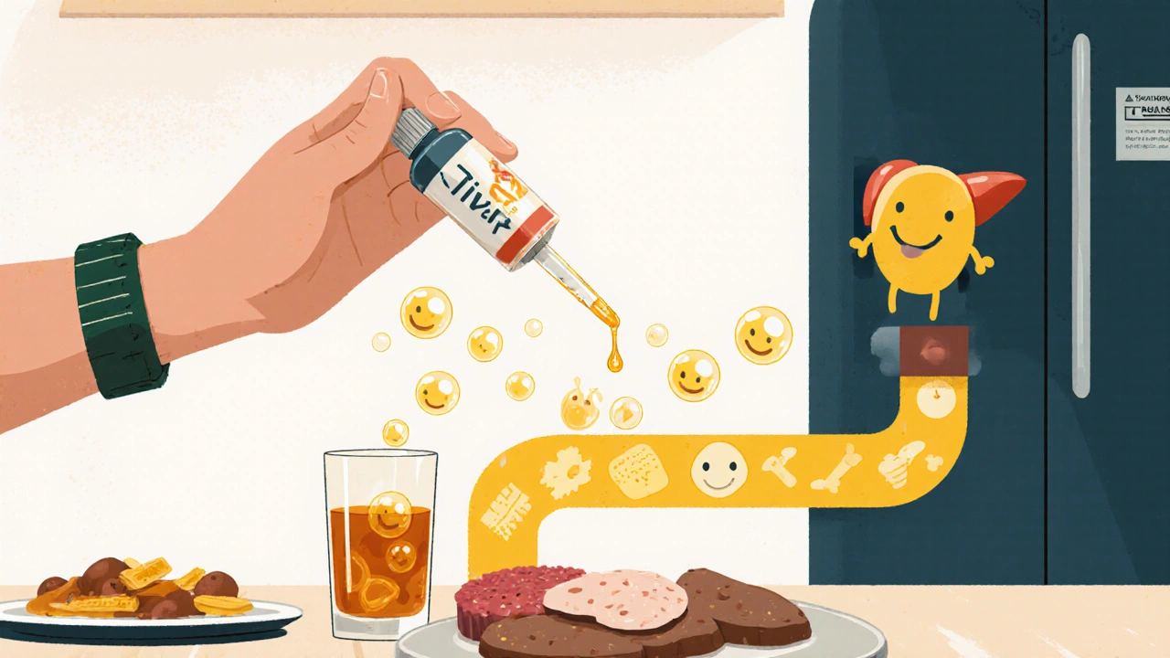 Person taking Liv.52 syrup after breakfast, with animated gut bacteria flowing to a smiling liver.