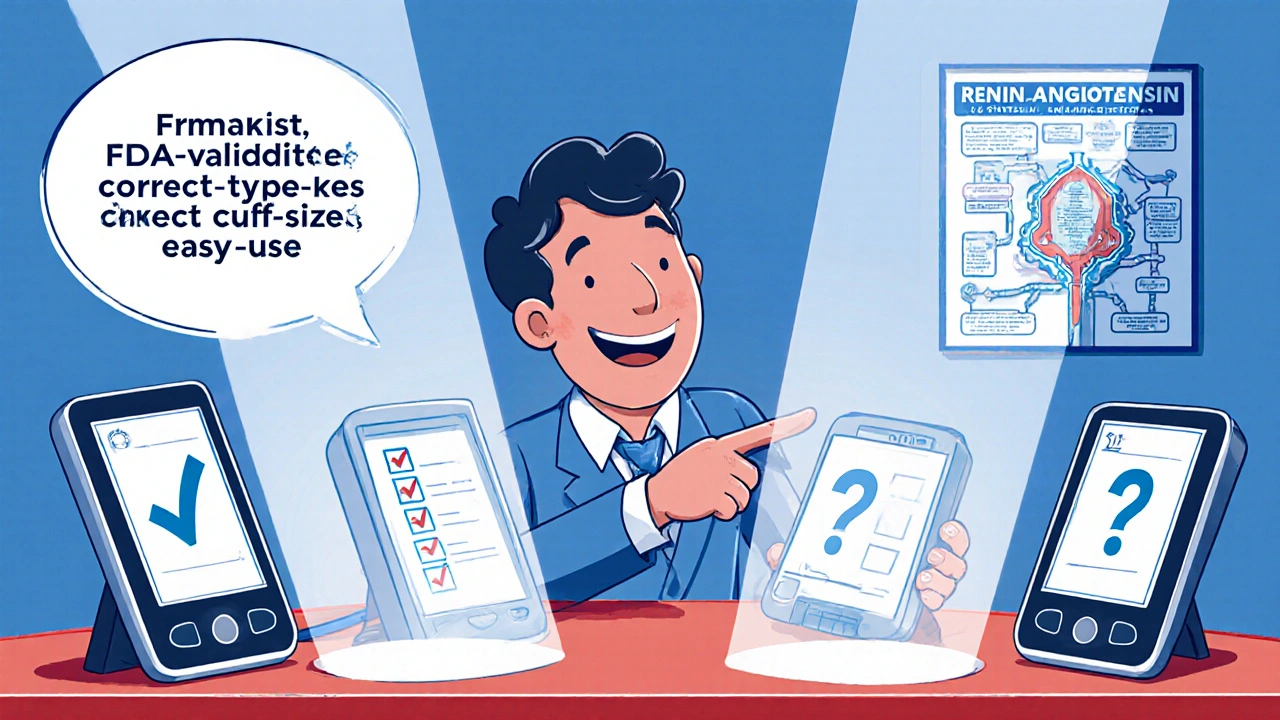 Pharmacist counter displaying upper‑arm and wrist blood pressure devices with checklist.