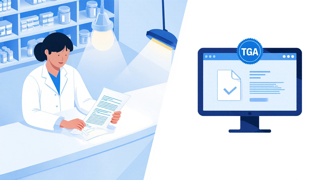 Pharmacist reviewing a prescription and a computer screen showing a TGA badge.