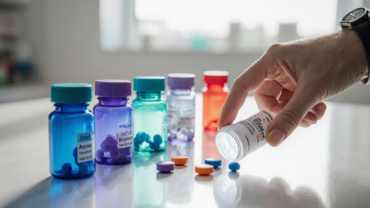 Pharmacy counter with various pill bottles; hand lifts a half‑blue, half‑orange Malegra FXT tablet.