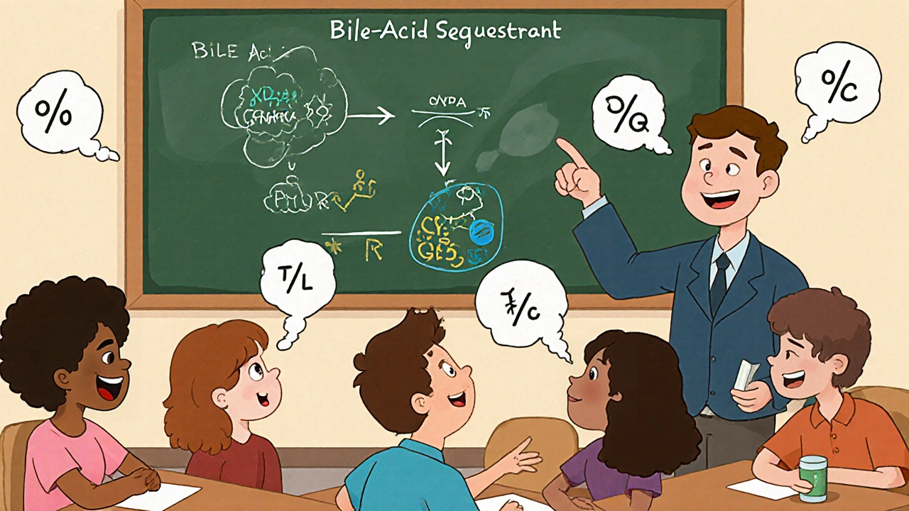 Professor cartoon teaching biochemical pathway of bile acid sequestrants with happy students.