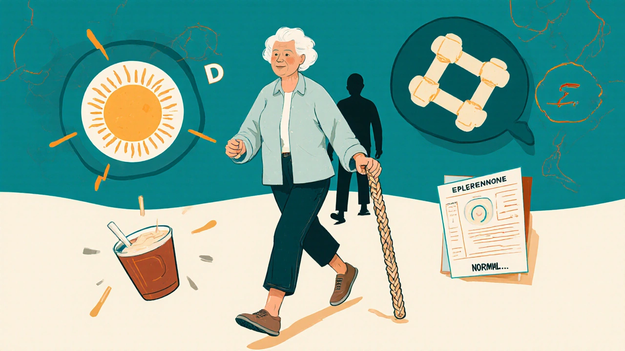 Senior woman walking with icons of bone-healthy habits beside her.