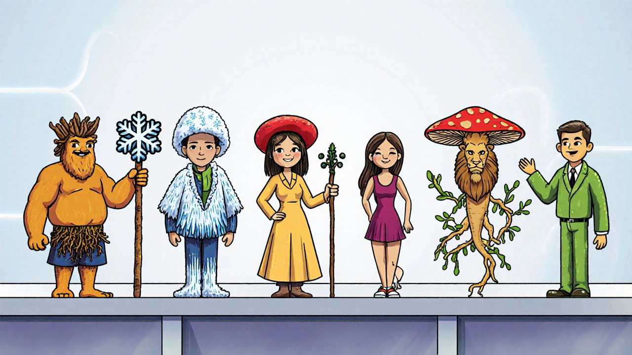 Six distinct herb characters lined up, each showing its unique benefit.