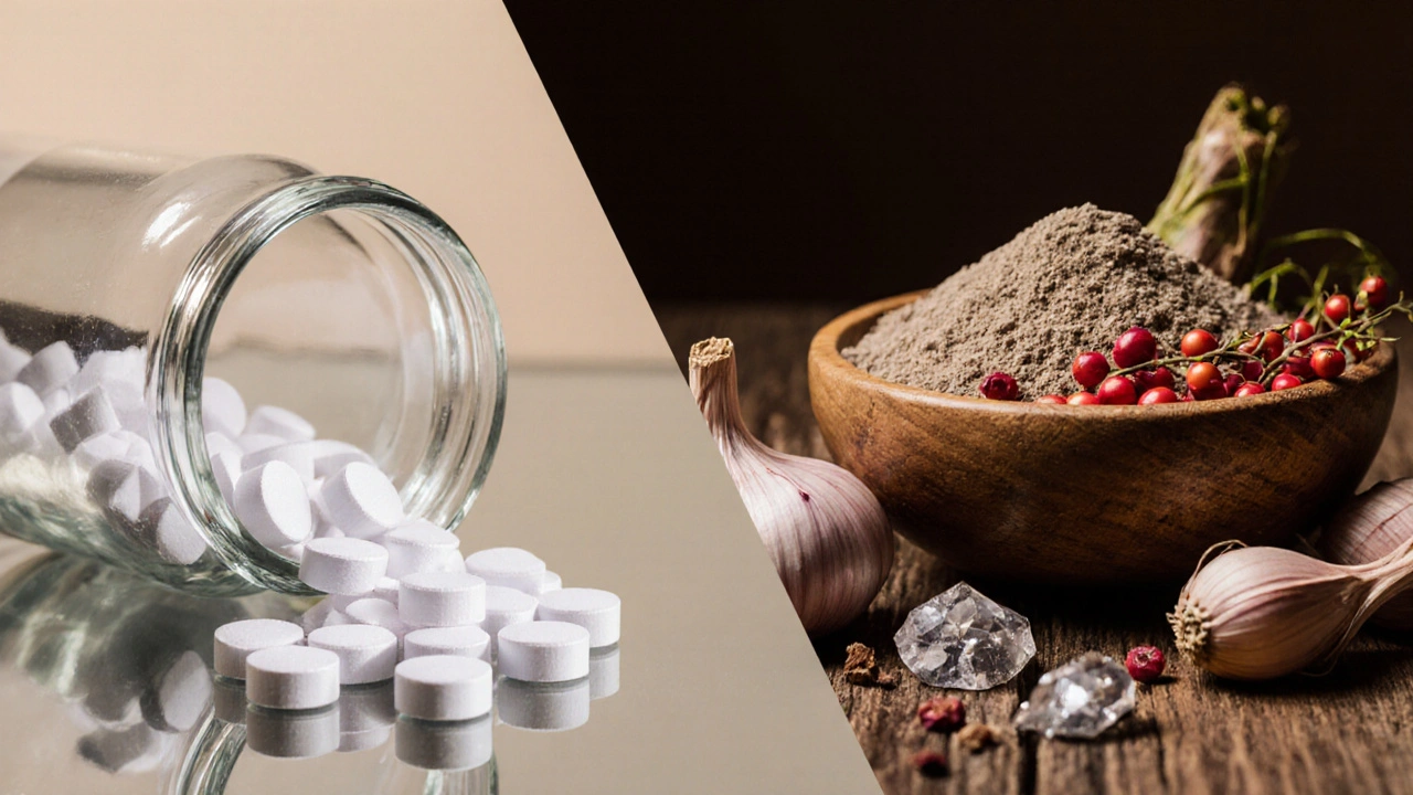 Split illustration showing prescription tablets on left and herbal powders and supplements on right.