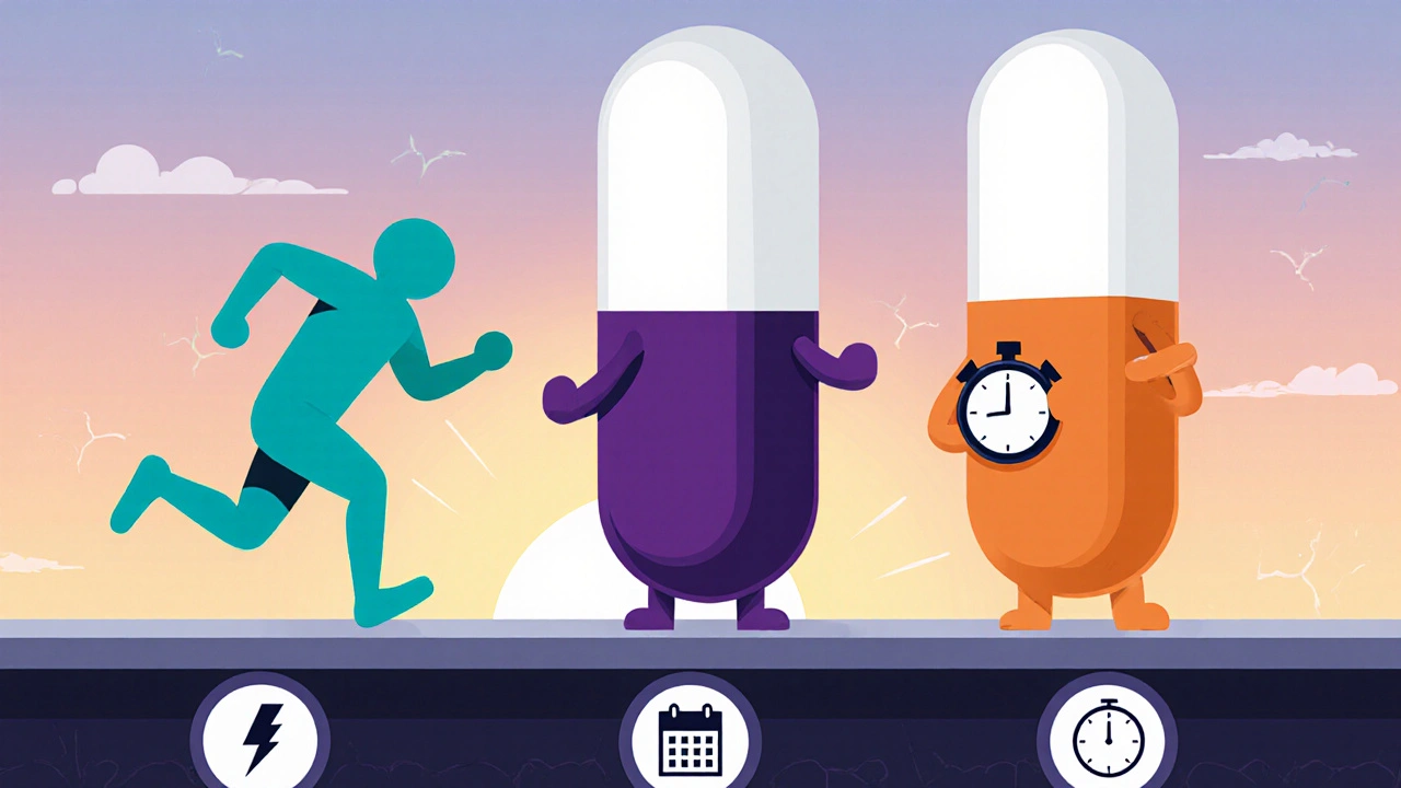 Three pill characters representing different drugs pose with timing symbols on a bench.