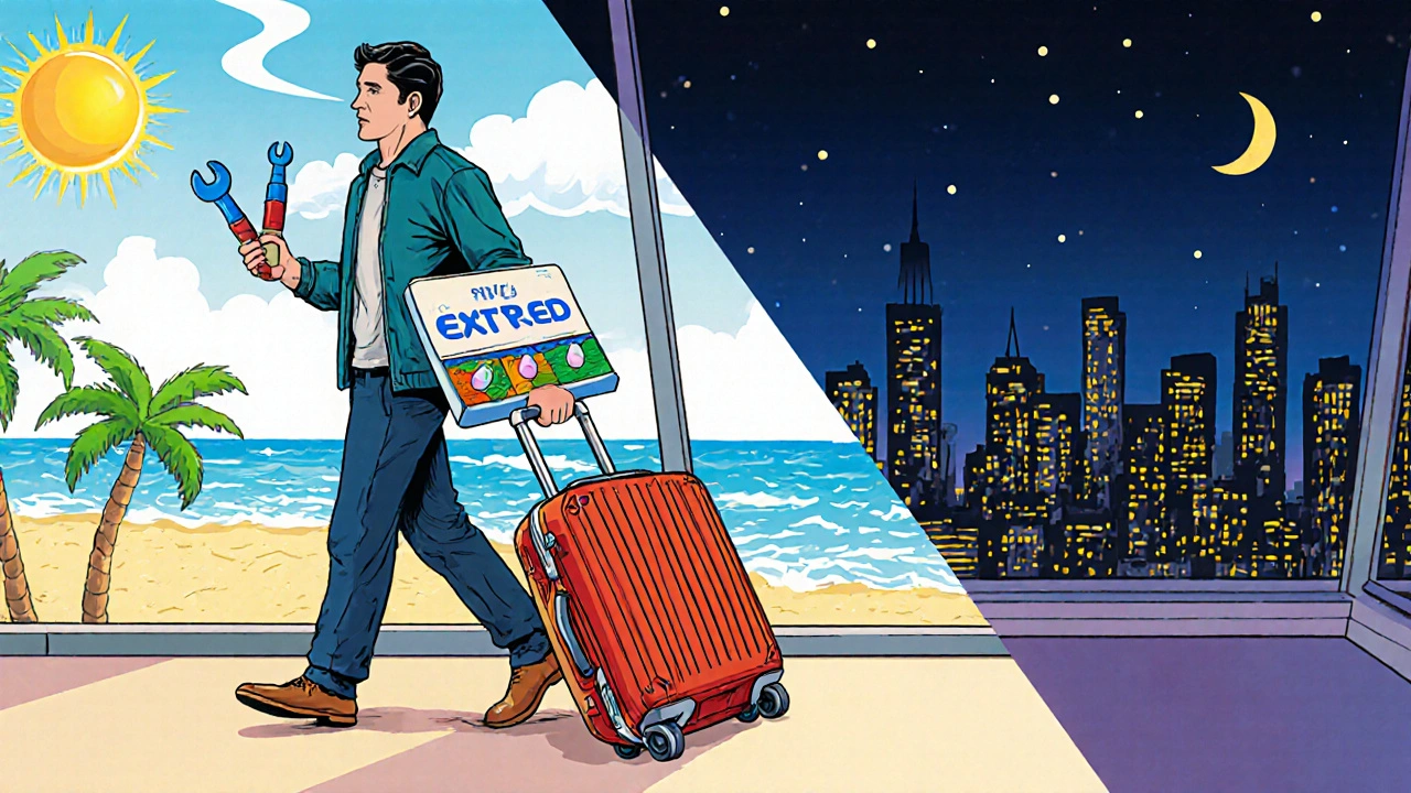 Traveler with suitcase holding the ED pack, background split between beach and city.