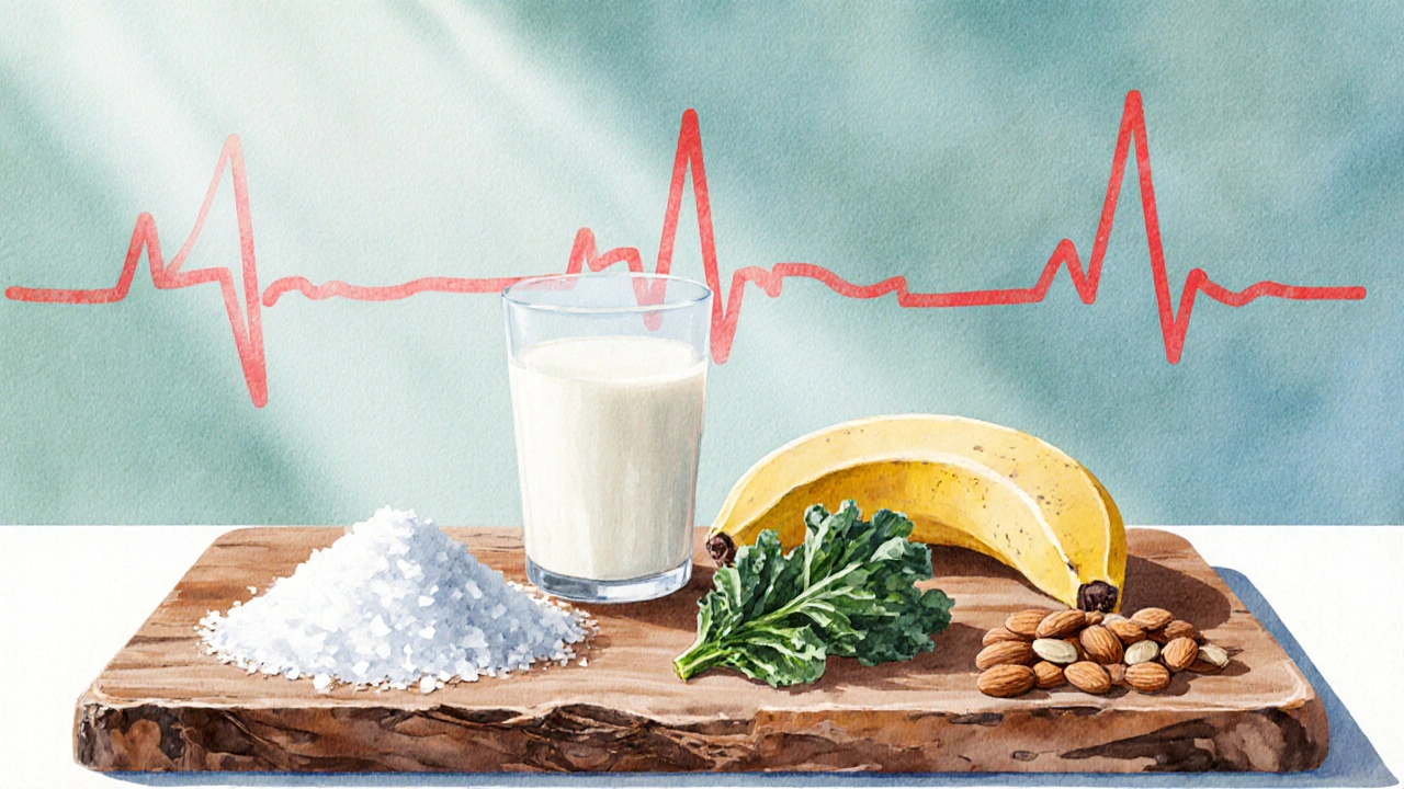 Water, banana, milk, kale, almonds on a board with a faint EKG line across.