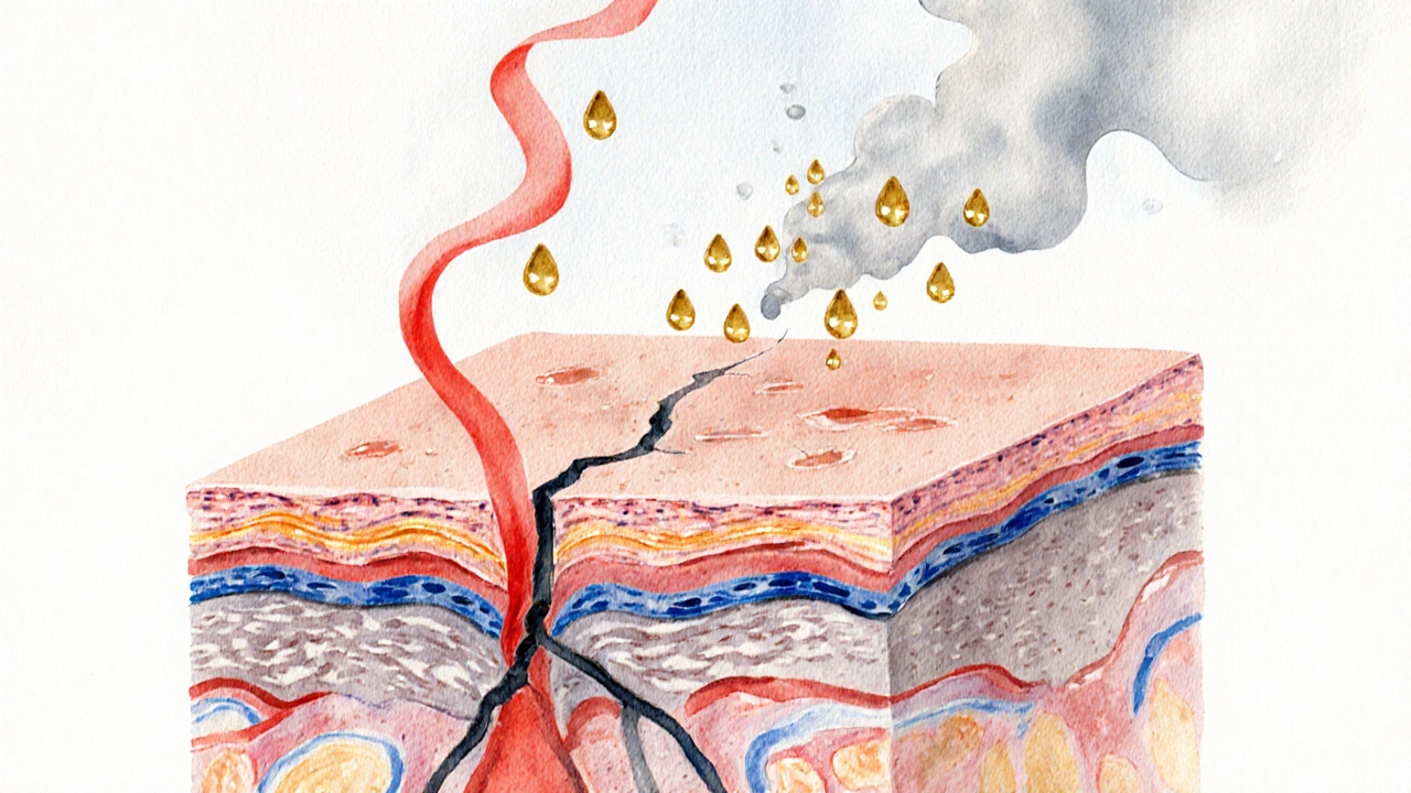 Watercolor cross‑section showing cortisol eroding skin barrier and loss of ceramides.