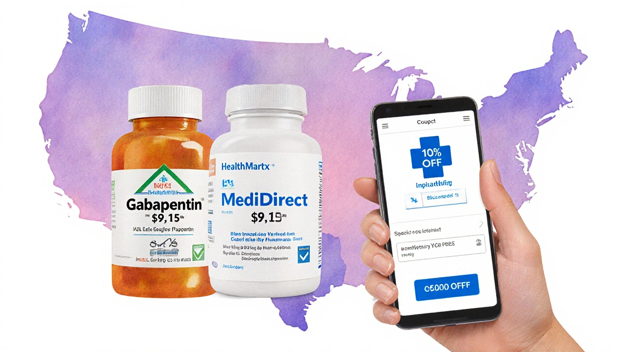 Watercolor illustration of three pharmacy bottles with price tags and a hand holding a coupon code on a phone.