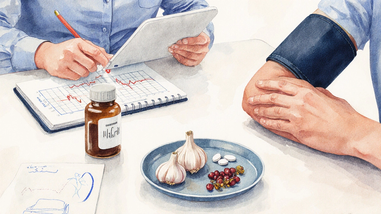 Watercolor of a person measuring blood pressure with herbs and pills on a kitchen table.