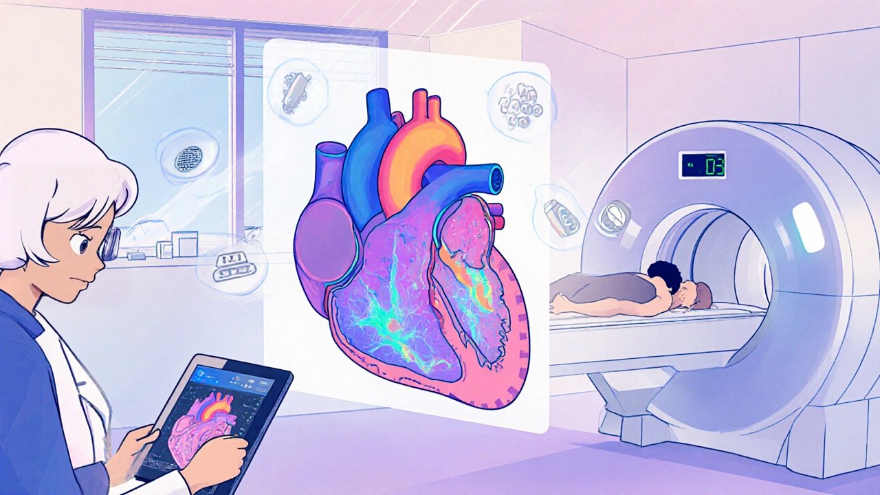A futuristic medical interface merging AI-enhanced echo with cardiac MRI, showing tissue mapping and safe scanning for implant patients.
