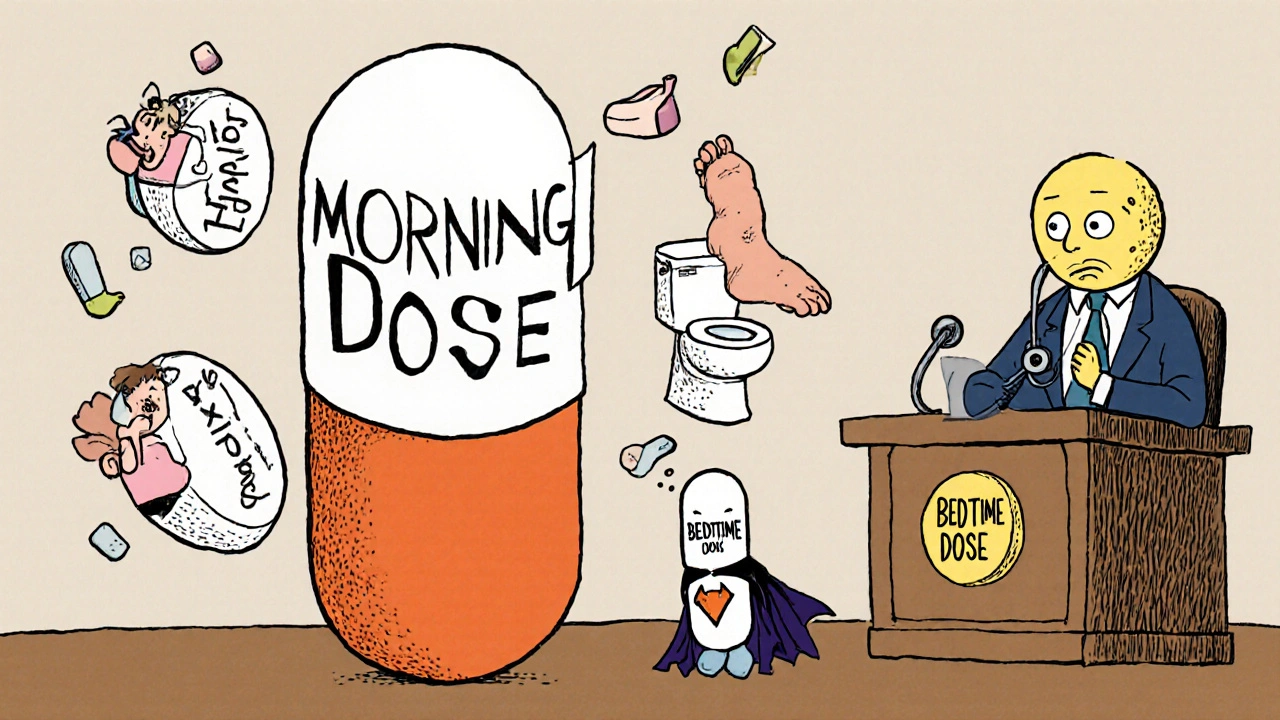 A giant morning pill on trial for causing dizziness and frequent bathroom trips, defended by a bedtime pill.