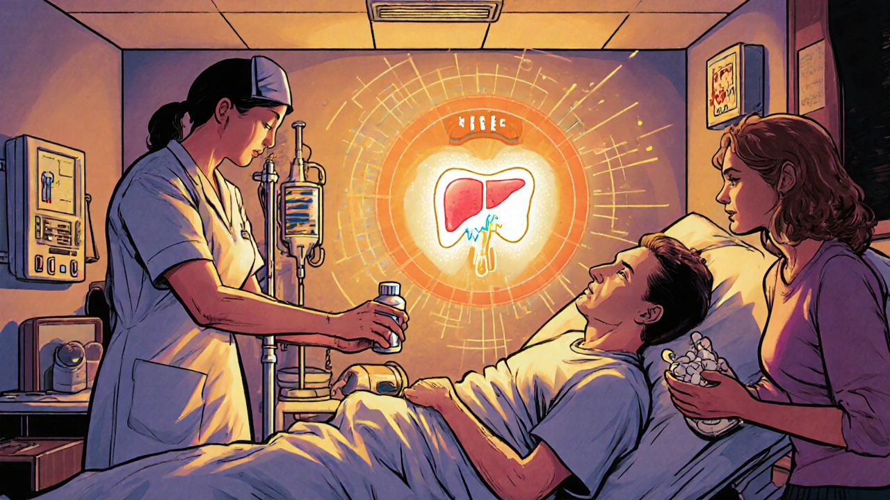 A nurse gives an IV antidote to a patient in a hospital, with a glowing liver diagram showing recovery.