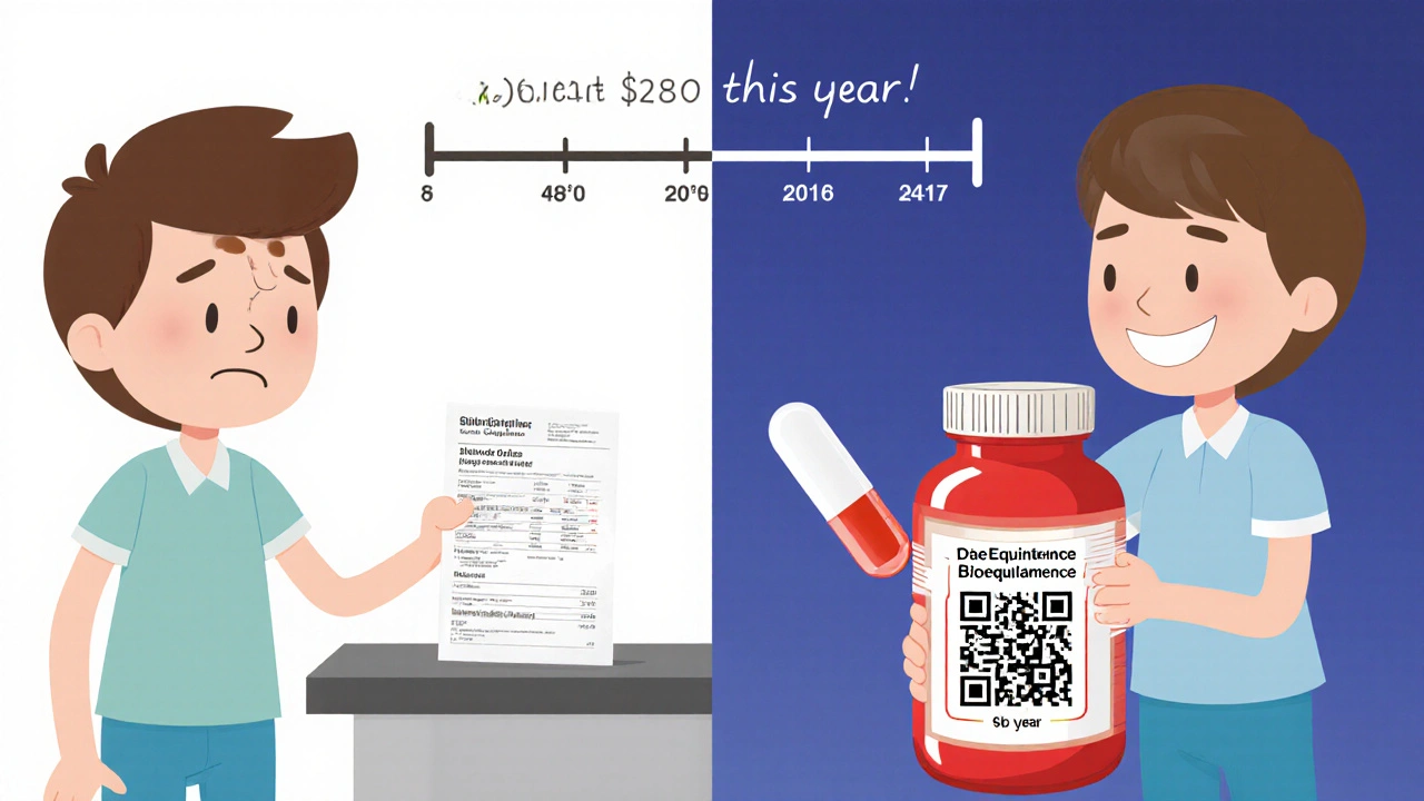 A patient smiles after stable blood test results, with a QR code on a pill bottle showing a bioequivalence video.