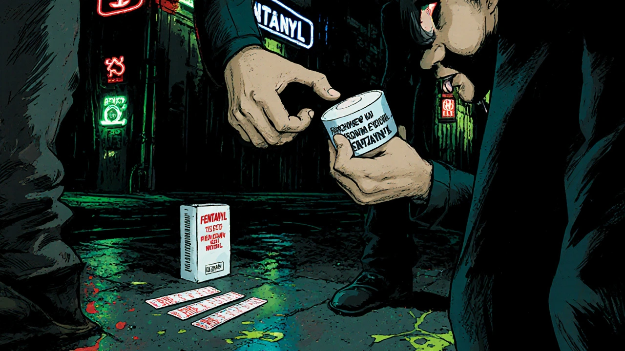 A person in an alley reaches for a fake pill labeled FENTANYL, while naloxone and test strips lie unused on wet pavement under flickering neon signs.