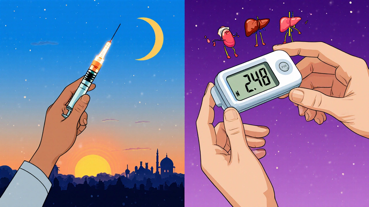 A person receives an insulin injection at sunset, with a stable glucose reading and medical symbols glowing softly.