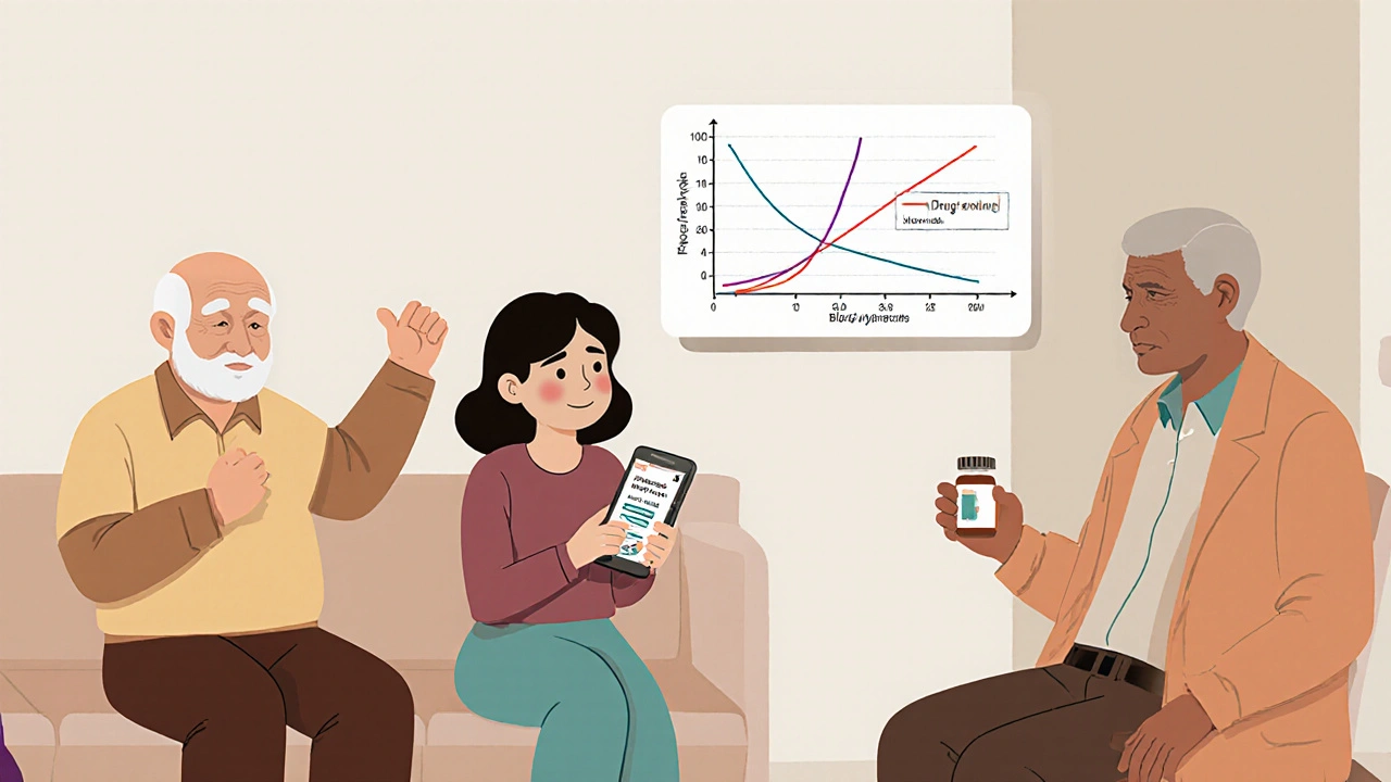 A pharmacist explains generics to diverse patients using a hand-drawn diagram in a warm clinic setting.