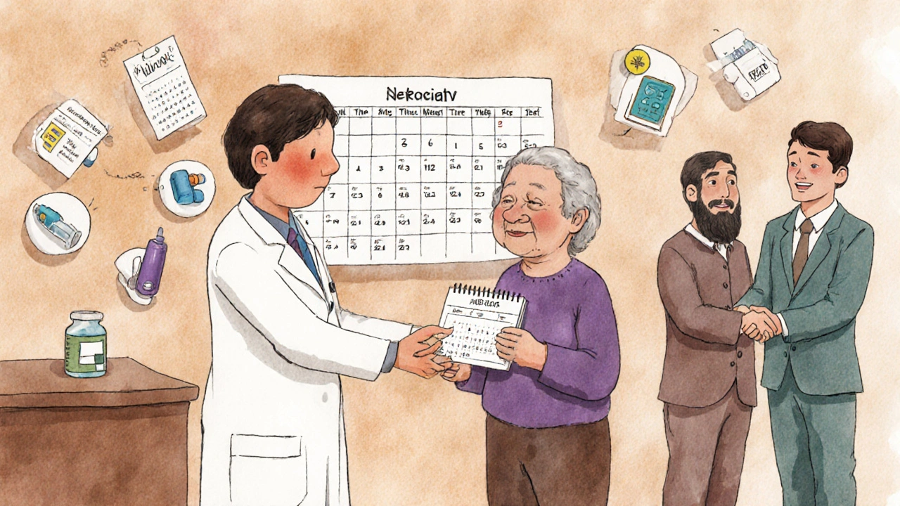 A pharmacist gives a personalized medication plan for Ramadan, with icons of allowed treatments floating nearby.