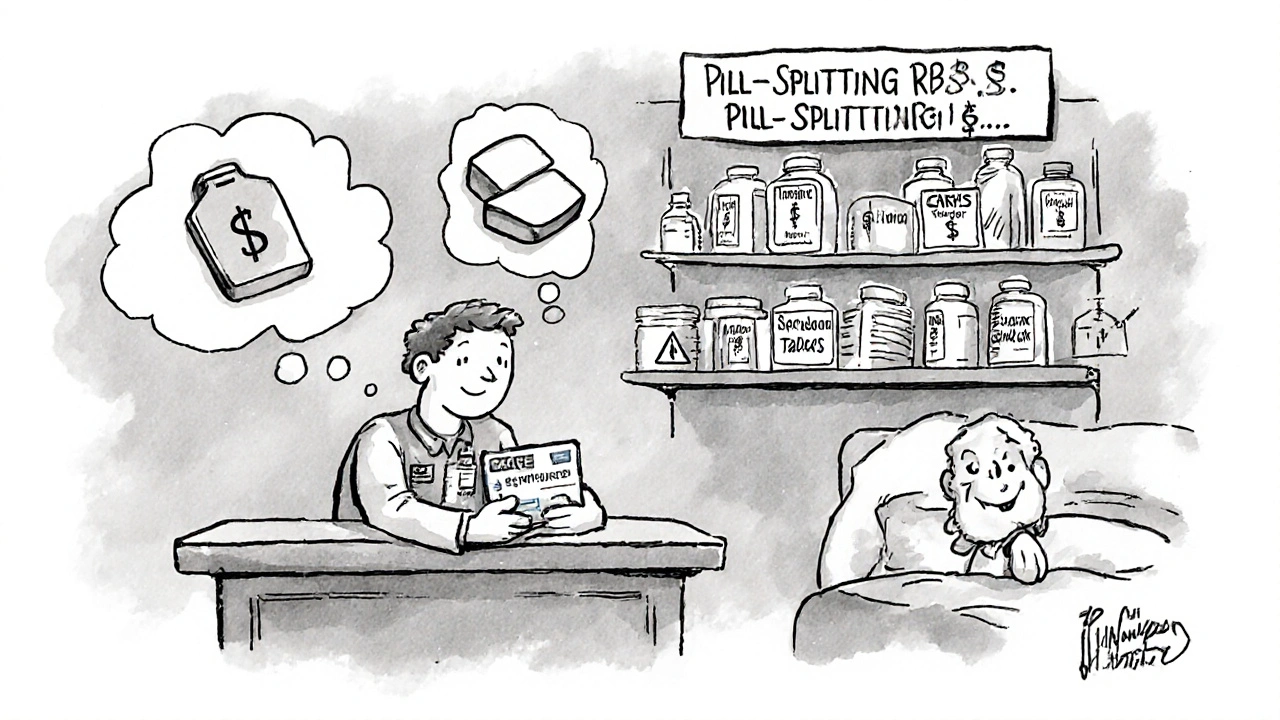 A pharmacist hands a discount card to a patient, while risky pills are shown in the background.